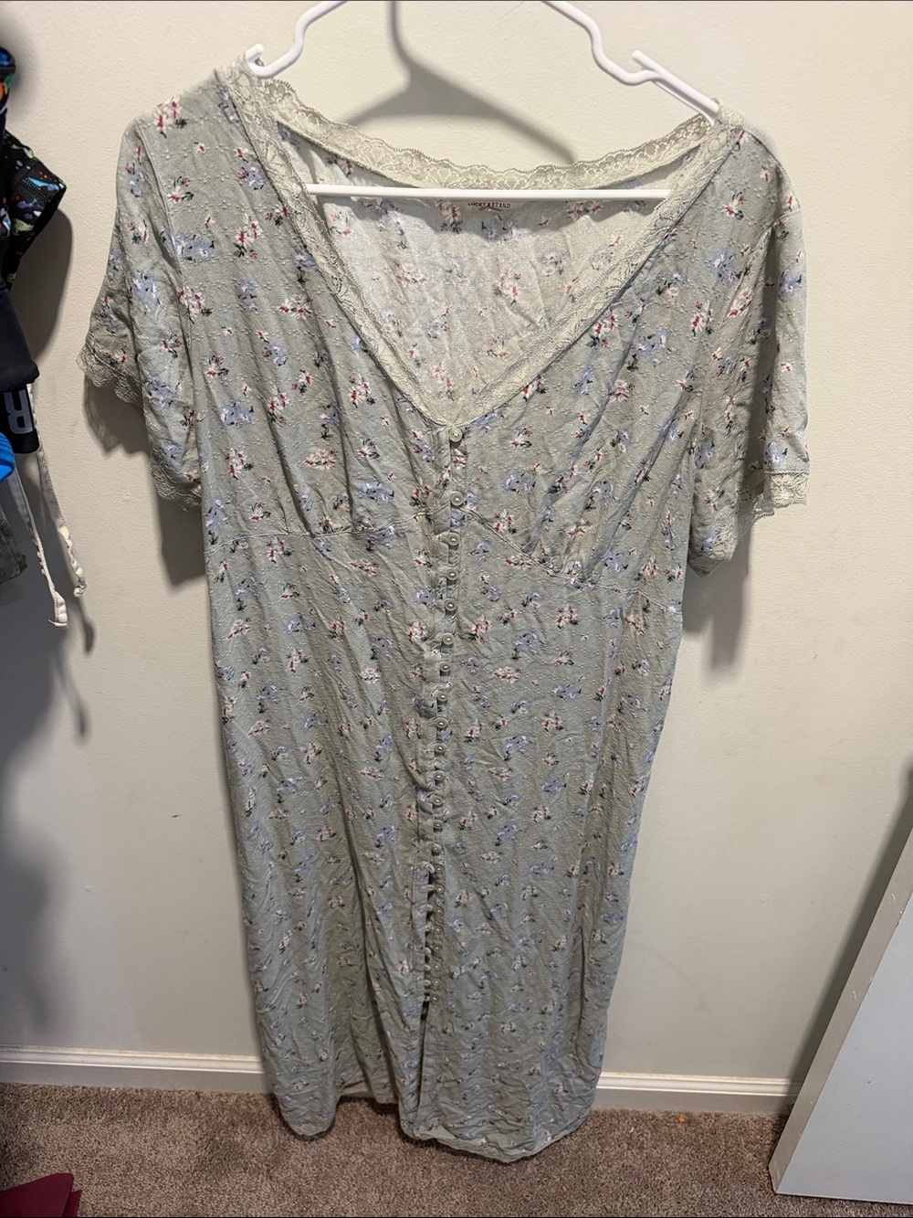 Lucky Brand Sage Green Floral Button-Front Midi Dress